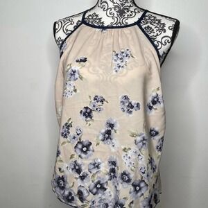 Beige Sheer Floral Halter Tank Top Blouse Large